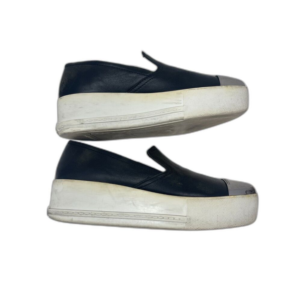 MIU MIU Black Leather Silver Metal Cap Toe Slip On Platform Sneaker EU 38 Italy - Picture 9 of 11